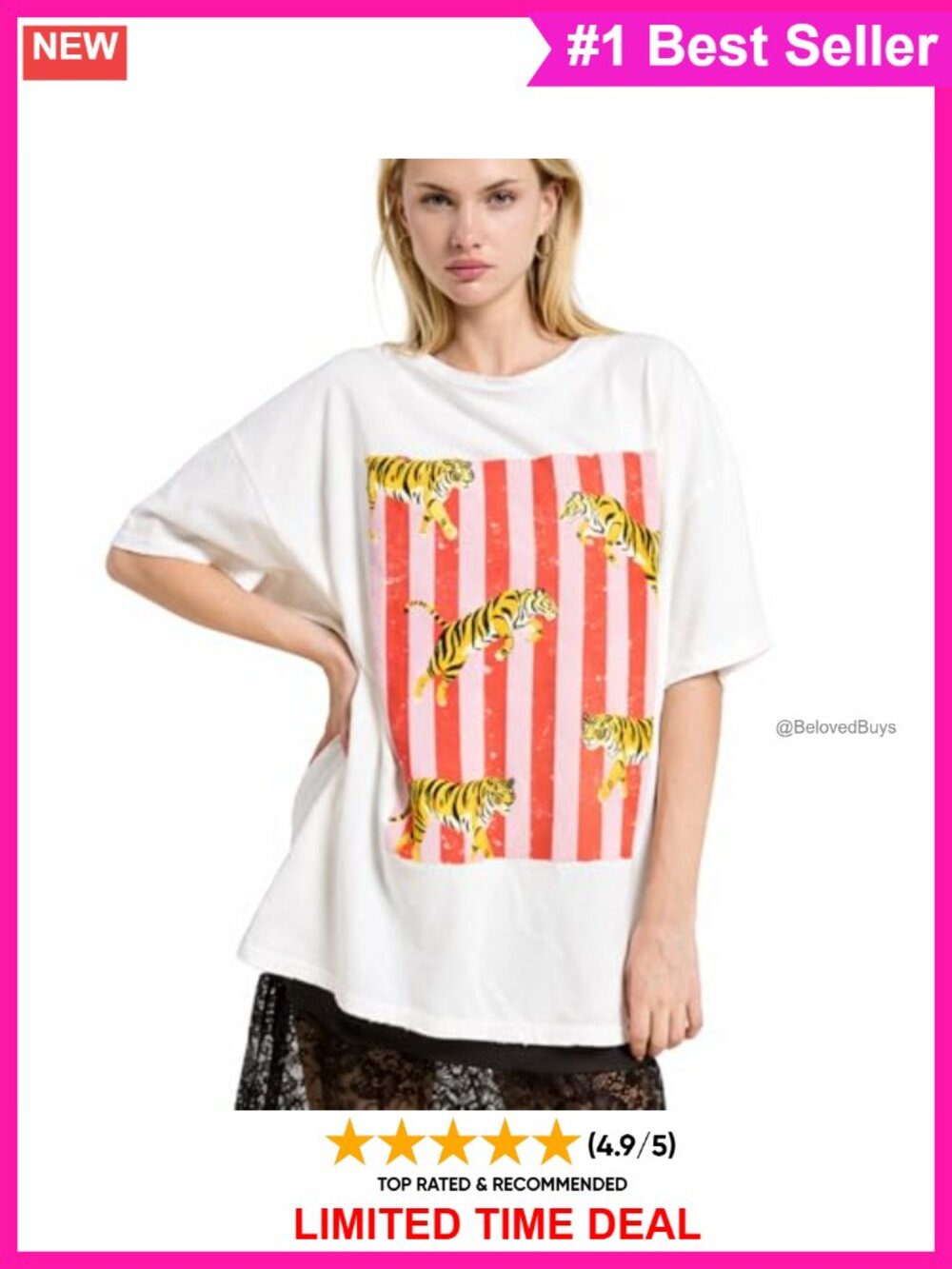 Women's Vintage Tiger Graphic Oversized Boyfriend Tee Streetwear